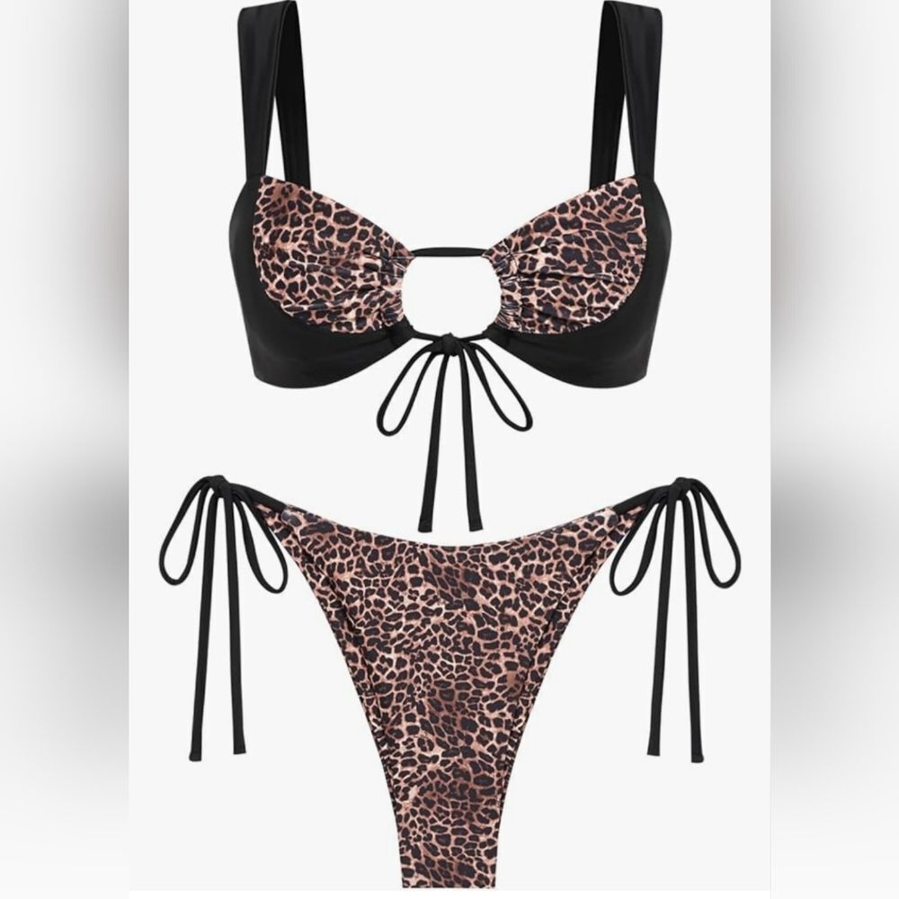 🩵⏭️NWOT Black & Brown Leopard Print Cinched Tie Bikini Set Medium